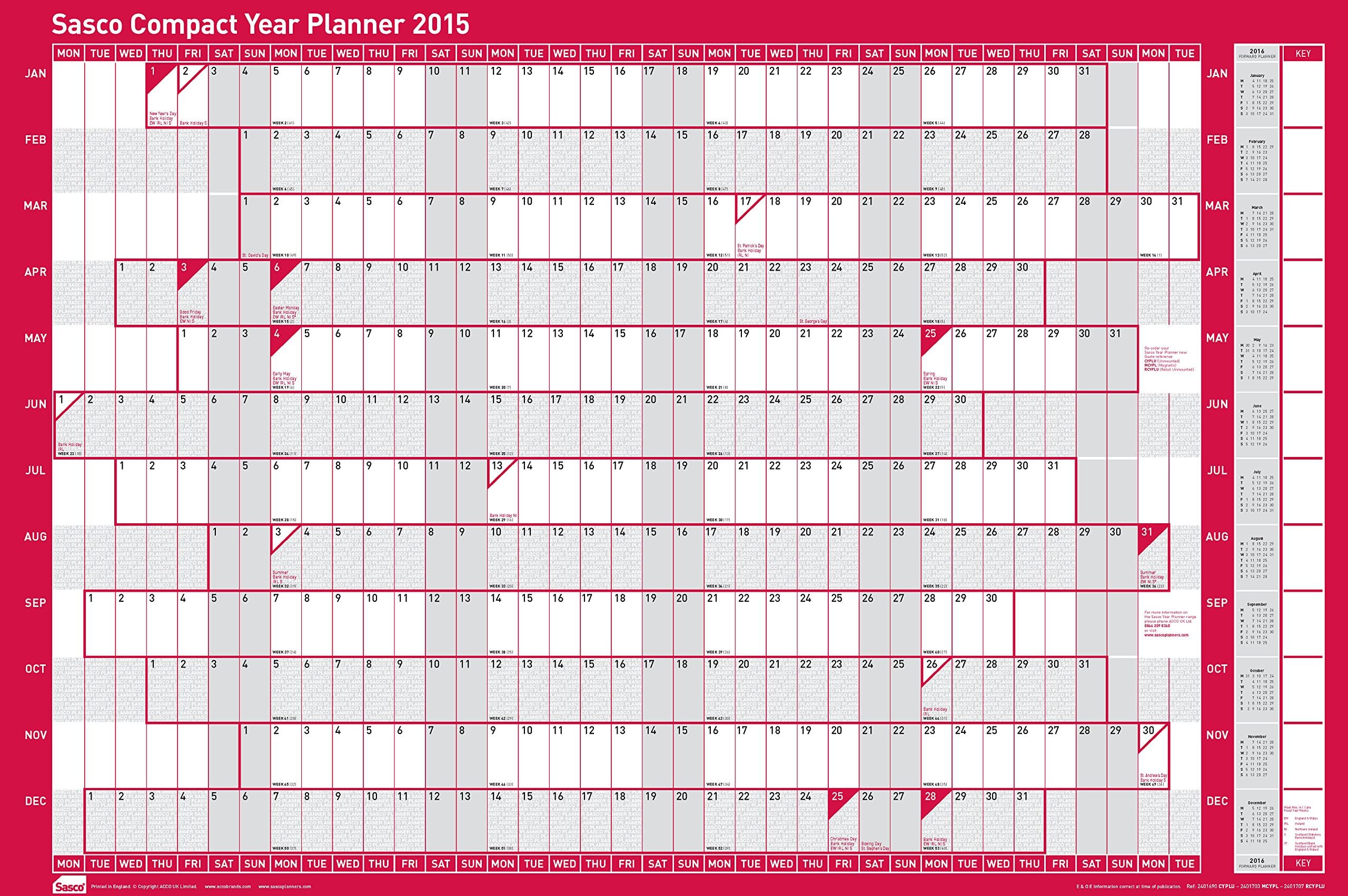 Sasco Compact Year Planner Kit 2015 (W610mm x H405mm)