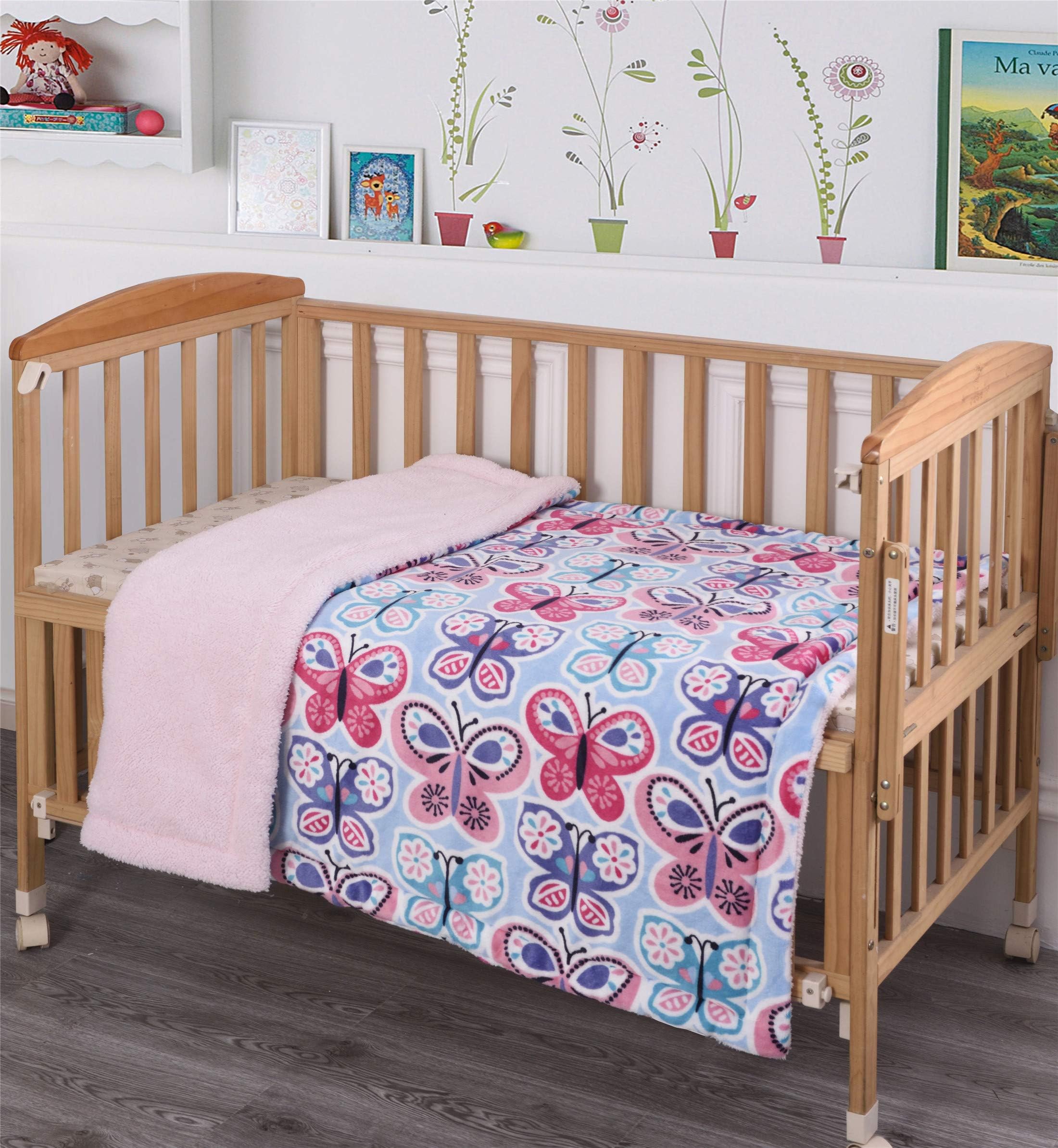 Elegant Home Kids Soft & Warm Pink Blue Purple Butterflies Design Sherpa Baby Toddler Girl Blanket Printed Borrego Stroller or Baby Crib or Toddler Bed Blanket Plush Throw 40X50 (Butterfly Blue)