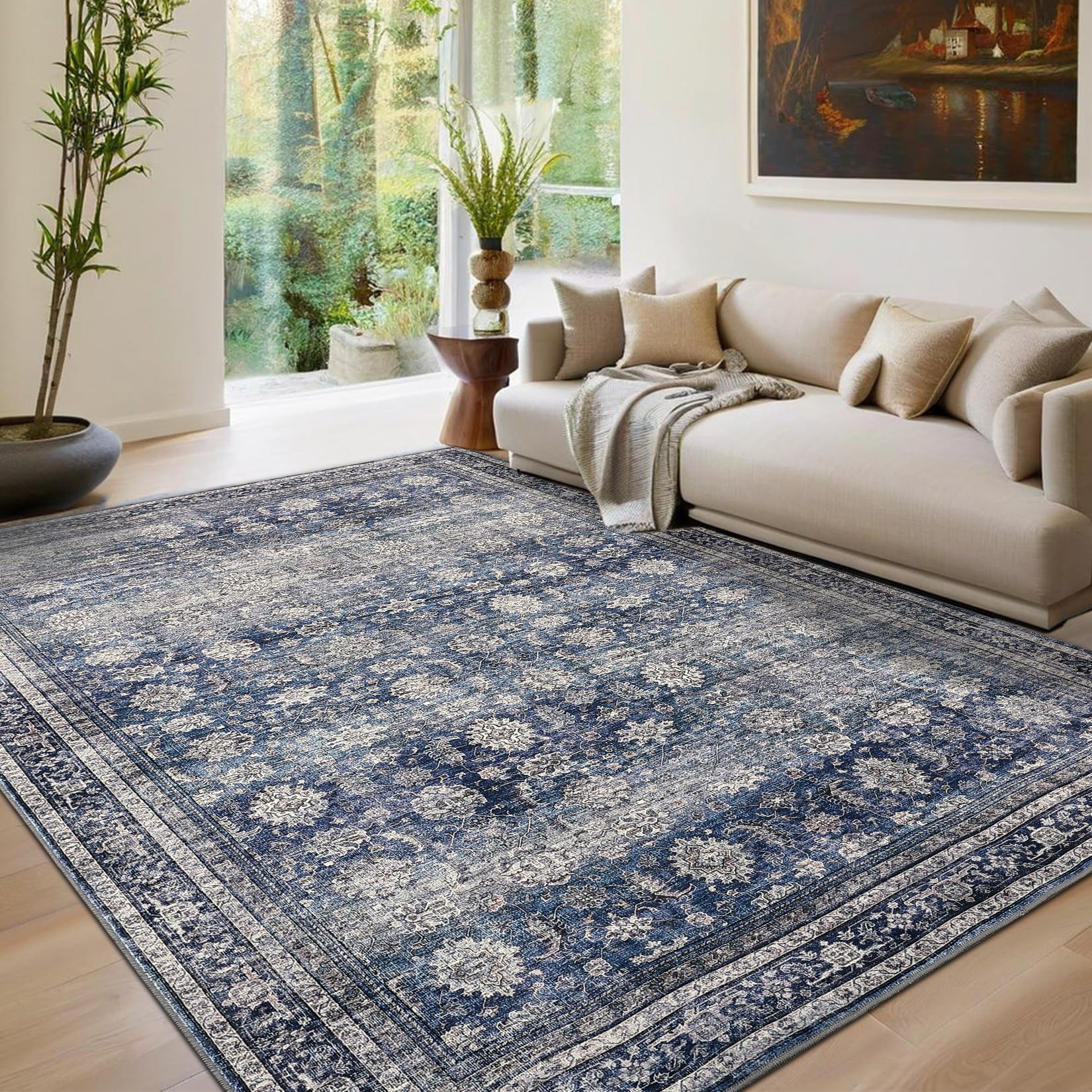 Photo 1 of GarveeHome Area Rugs 4x6 Vintage Printed Floor Carpet with Non-Slip Backing, Stain-Resistant Oriental Throw Rugs, Washable Farmhouse Low Pile Rugs for Living Room, Bedroom, Office, Blue