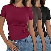 OVESPORT 3 Pack Ribbed Womens Basic T Shirts Summer Tops Gym Workout Short Sleeve Slim Fit Crop Tops