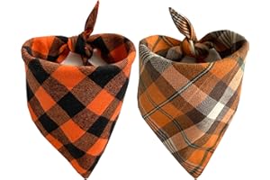 Realeaf Fall Thanksgiving Dog Bandanas 2 Pack, Orange Plaid Pet Scarf for Boy and Girl, Premium Durable Fabric, Holiday Halloween Bandana for Medium and Large Dogs (Large)