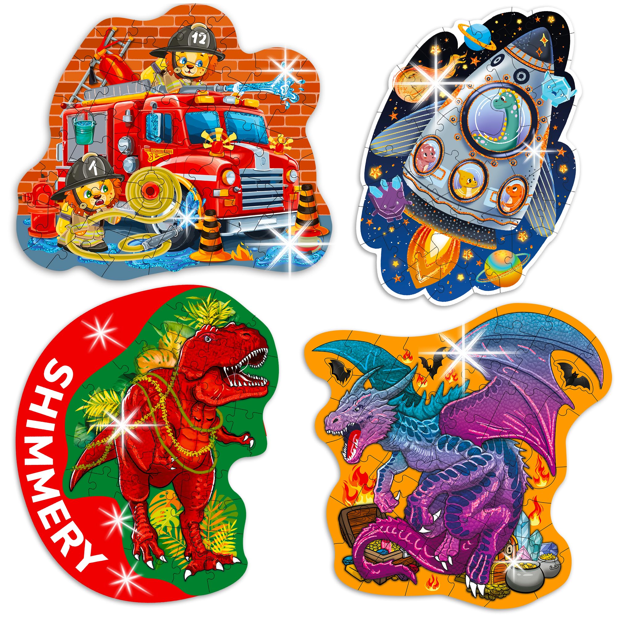 QUOKKA Shimmer Puzzles for Kids Ages 4-6 – 48 Piece Shaped Jigsaw Puzzles for Toddlers 3-5 – 4-Pack Dragon, Rocket, Firetruck & Dinosaur Children's Game Ages 4-8 – Unique Gift Toy for Preschoolers