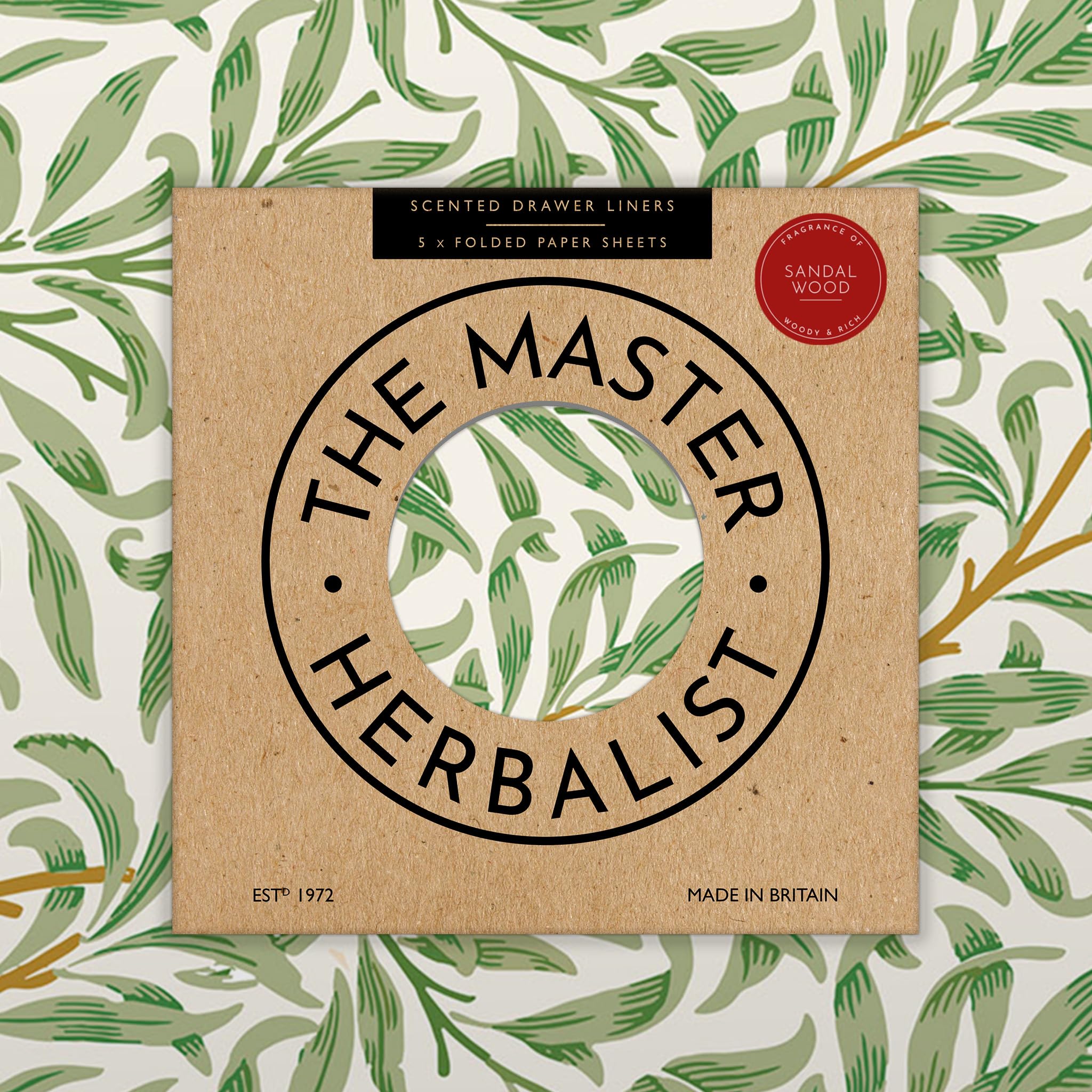 Sandalwood Scented Drawer Liners in a William Morris Willow Design | Gift Pack of 5 Large Folded Sheets (60 x 42cm) | Contains Essential Oils | Made in UK by The Master Herbalist