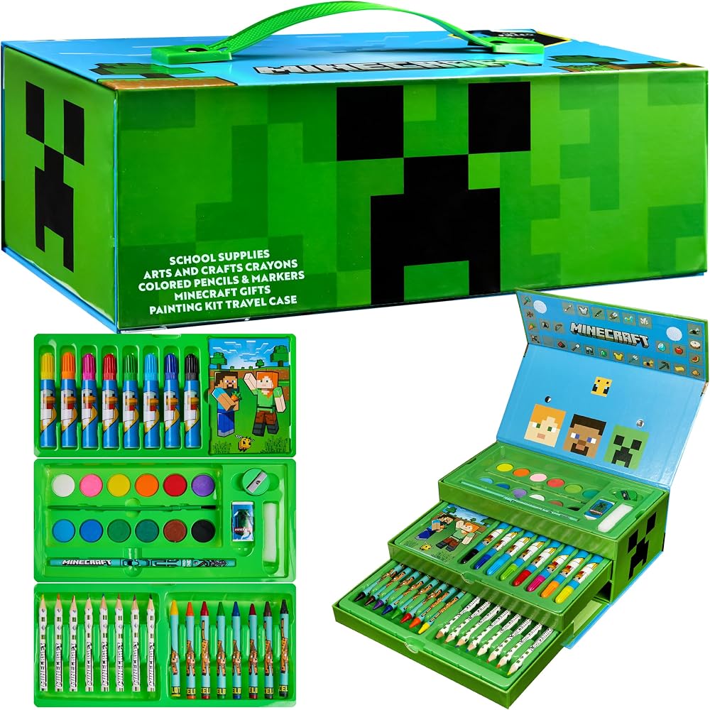 Minecraft Art Supplies Set with Pencils Crayons Markers Watercolors Travel Case