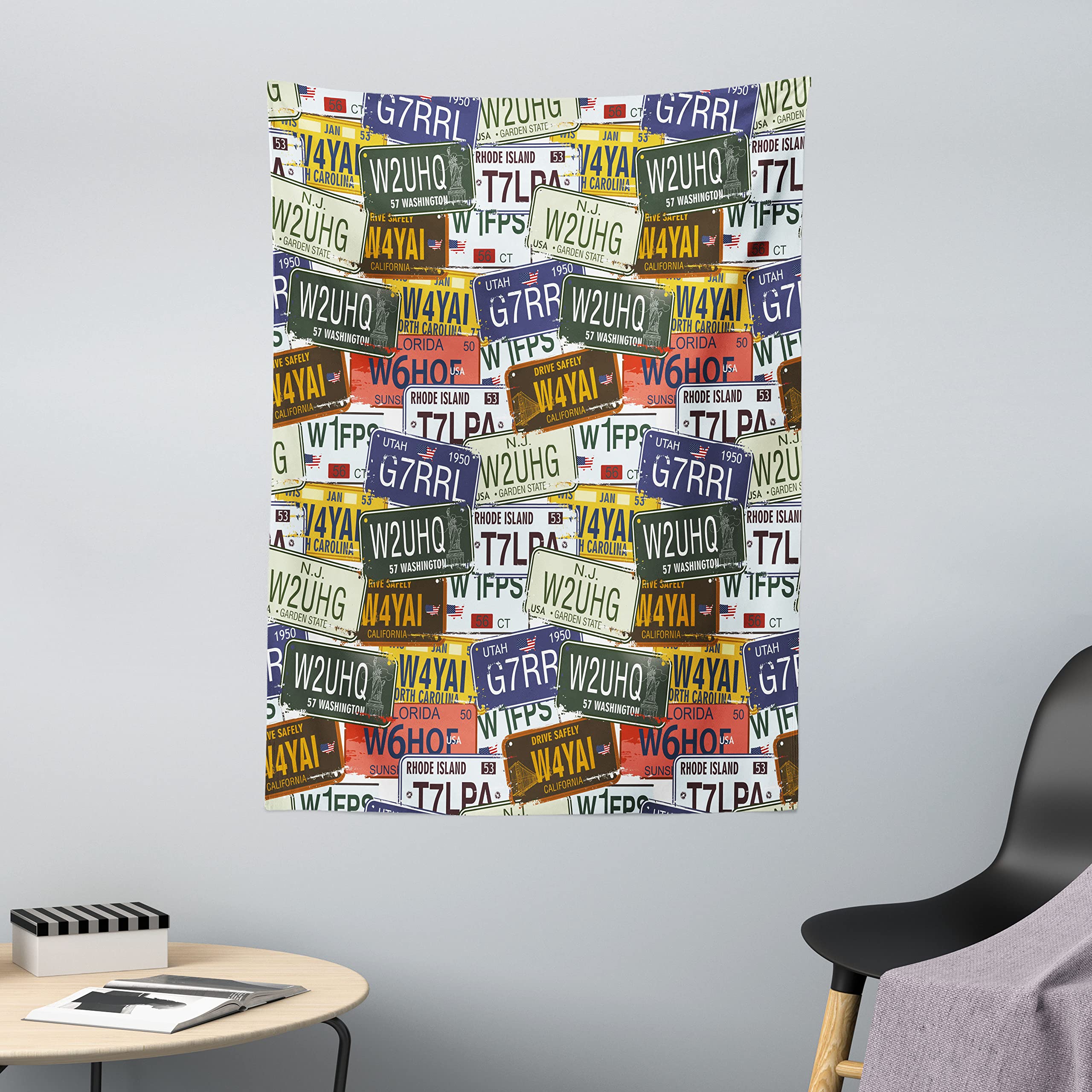 ABAKUHAUS USA Tapestry, Retro American Auto License Plates Utah Washington Rhode Island North Carolina Print, Fabric Wall Hanging Decor for Bedroom Living Room Dorm, 43 W X 58 L, Multicolor