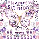 Roetyce Butterfly Birthday Decorations, Purple Happy Birthday Banner Backdrop Balloons Hanging Swirls Cake Topper for Home Party, Girls Women Butterfly Themed Party Suppiles Photo Background
