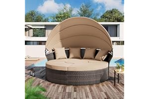 Crownland Outdoor Patio Canopy Bed Round Daybed with Washable Cushions, Clamshell Sectional Seating Wicker Furniture with Retractable Canopy for Backyard, Porch, Pool Round Bed (Brown)