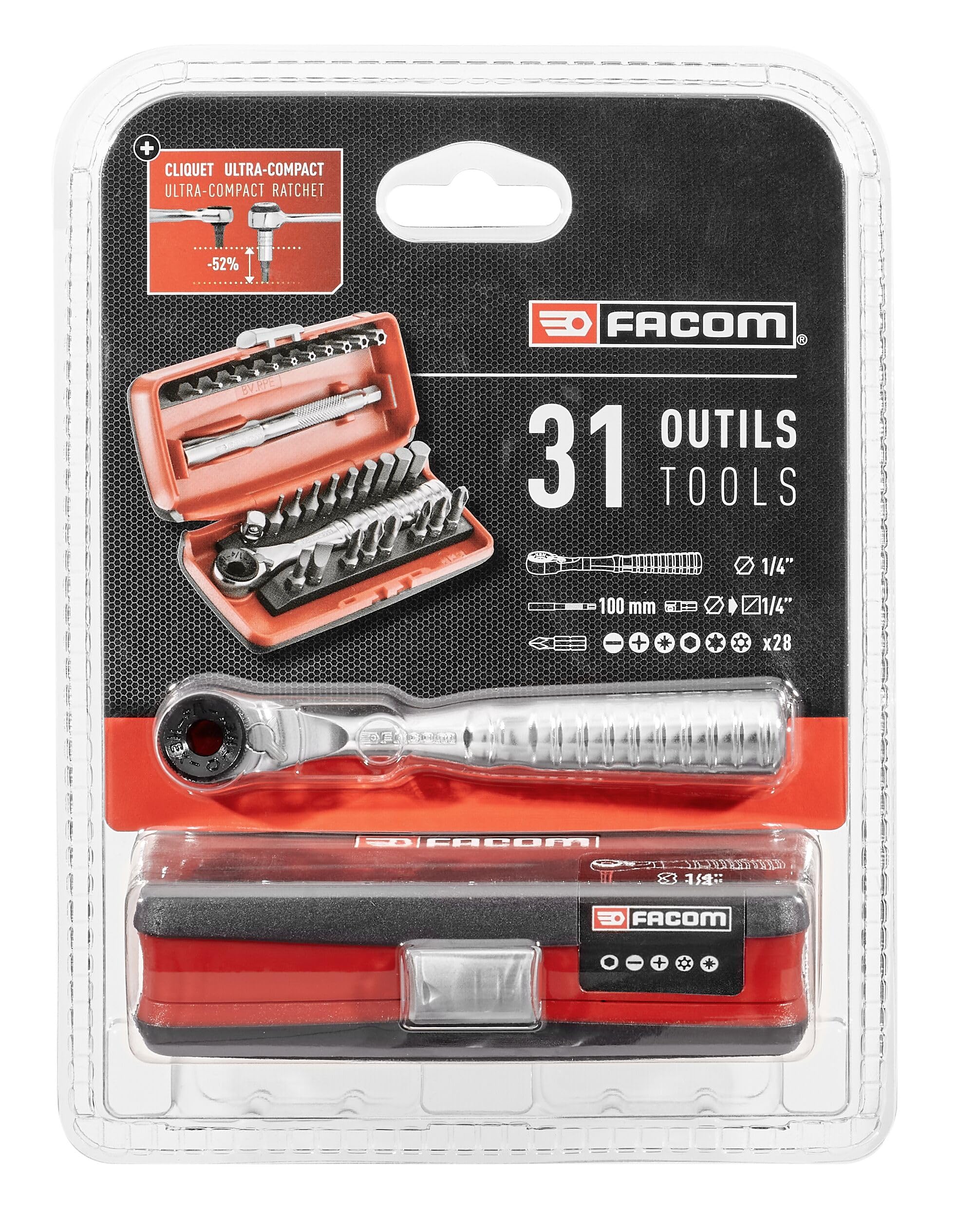 FACOM - 31-piece 1/4 Ratchet bit Set - 1/4 Inch Size - R. PEJ31PB