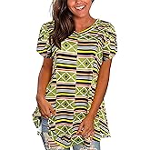 Afibi Womens Print Shirt African Dashiki Short Sleeve V Neck Loose Tunic Tops