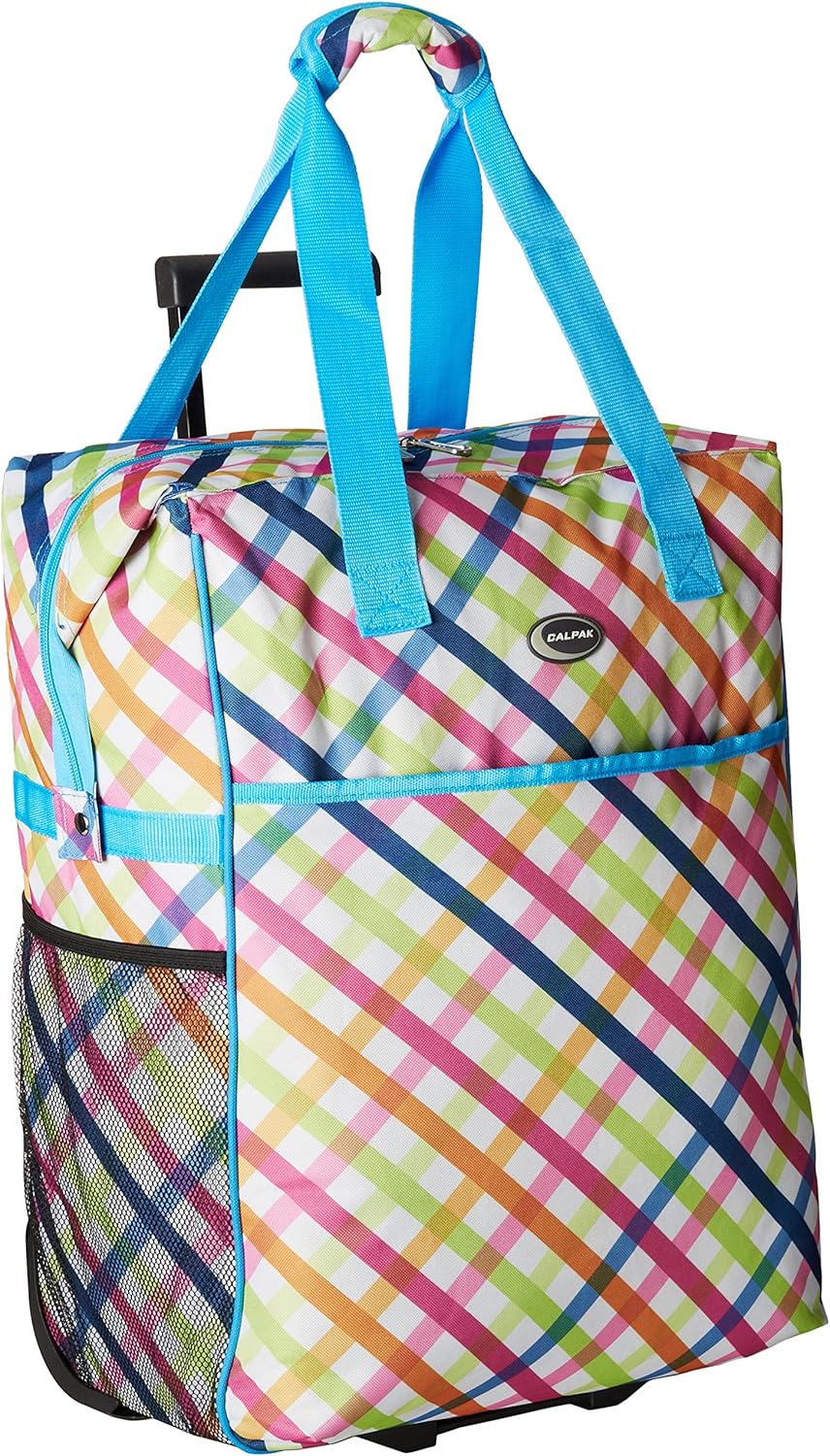 CalPak Big Eazy Bright Check 20inch Washable Rolling Shopping Tote Bag