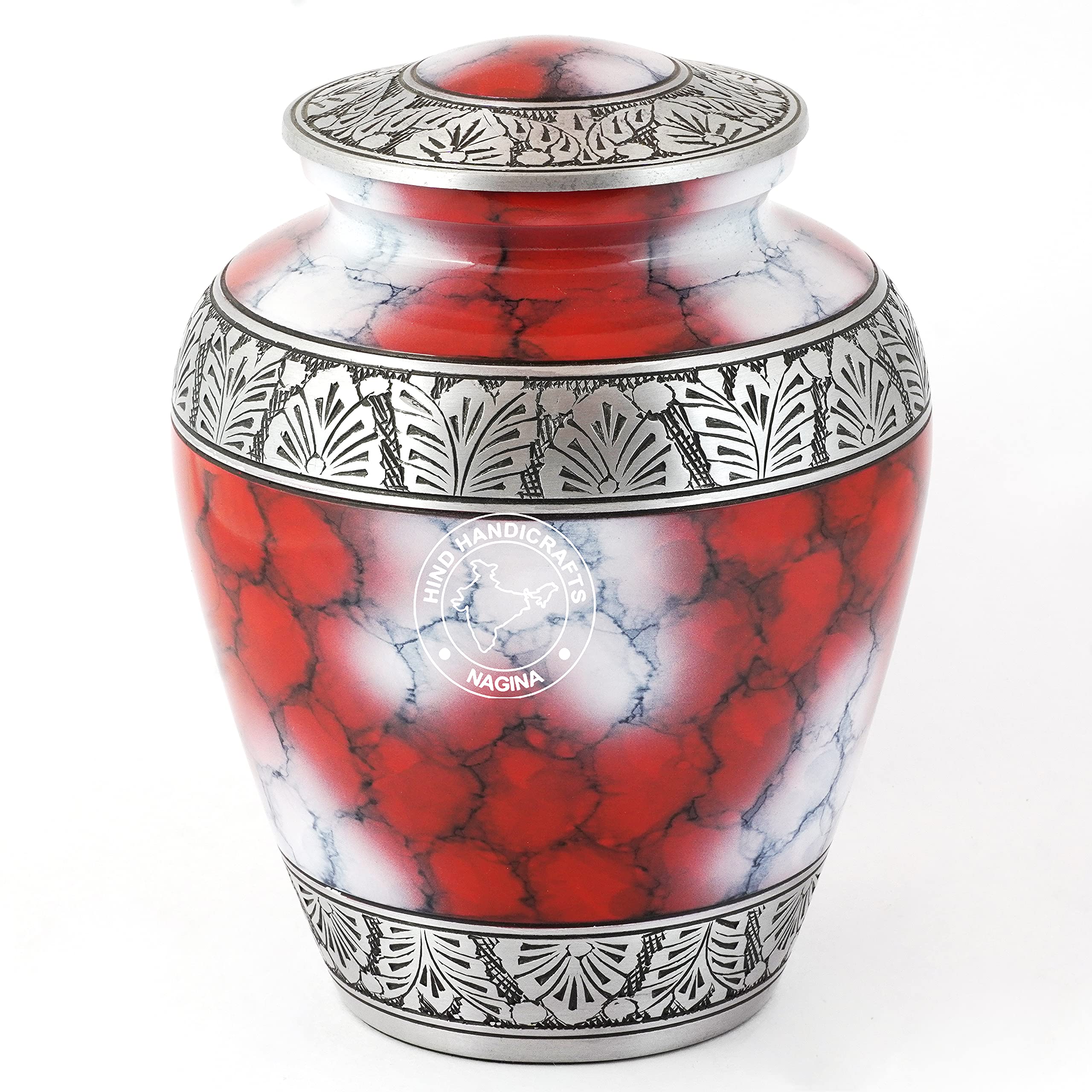 Hind Handicrafts Silver Engraved Adult Cremation Urn for Human Ashes - Handcrafted Funeral Memorial Ashes Urn - Large Burial Urn - BAG Included (7.5" x 7.5" x 9.5"- 200lbs or 91kg, Cloud Red)