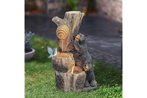 LUXENHÖME 21.9" H Bear and Honey Beehive Tree Resin Outdoor Patio & Garden Fountain with Lights