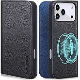 VISOUL Pebbled Leather Wallet Case for iPhone 17 Pro Max 6.9" 2025, Genuine Leather Flip Folio Cover with RFID Blocking Card Holders, Kickstand, Soft TPU Protective Flip Cover -Black+Blue
