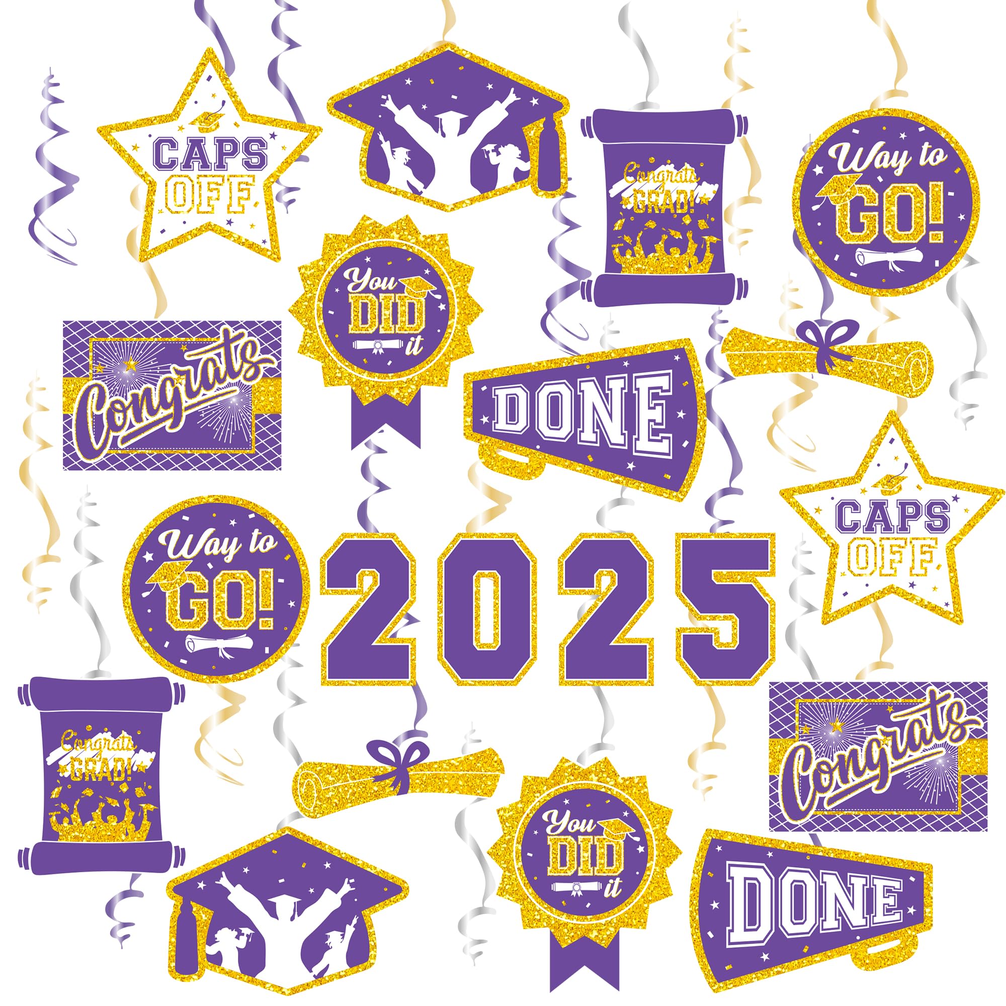 Photo 1 of 32PCS Purple and Gold Graduation Decorations 2025 - NO DIY -Class of 2025 Graduation Hanging Swirls for Classroom Ceiling Office High School College Congrats Grad Graduation Party Decorations Supplies