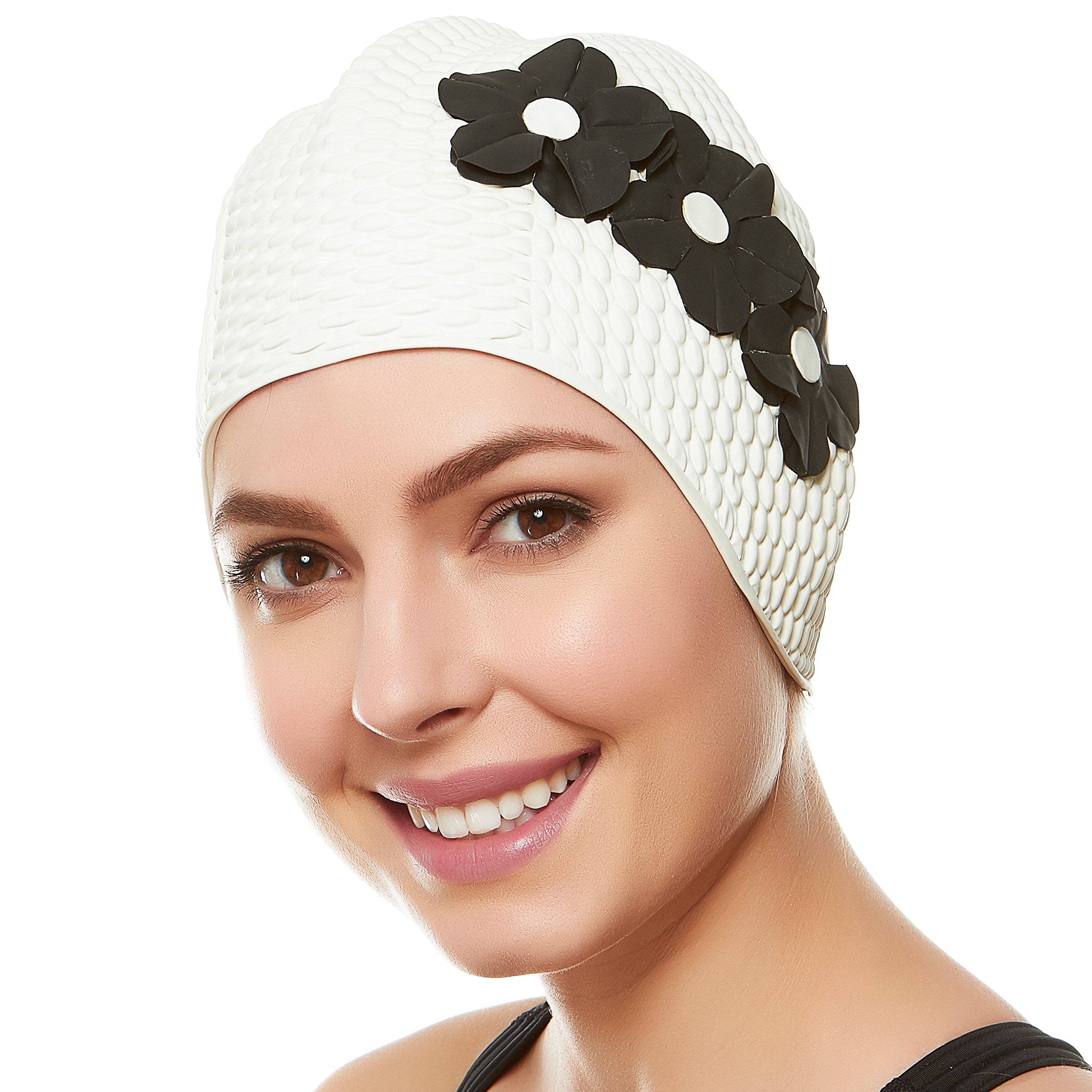 Beemo Latex Bubble Crepe Swim Bathing Cap with 3 Flowers - White with Black Flowers