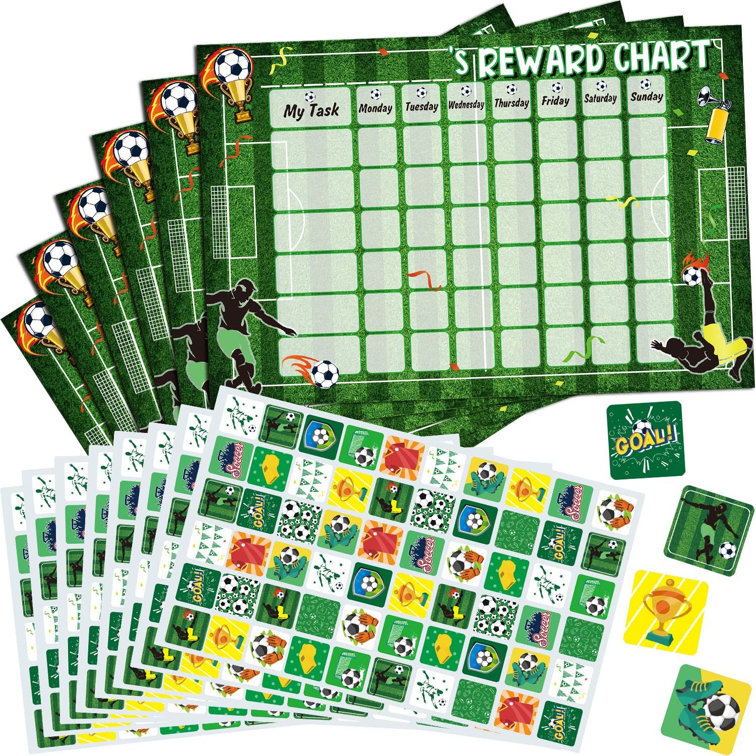 12 Pieces Reward Chart with Stickers Includes 6 Pieces Jungle Animals/Football Reward Charts, 6 Sheets/ 360 Pieces Safari Stickers for Children Behavior Training (Football Style)