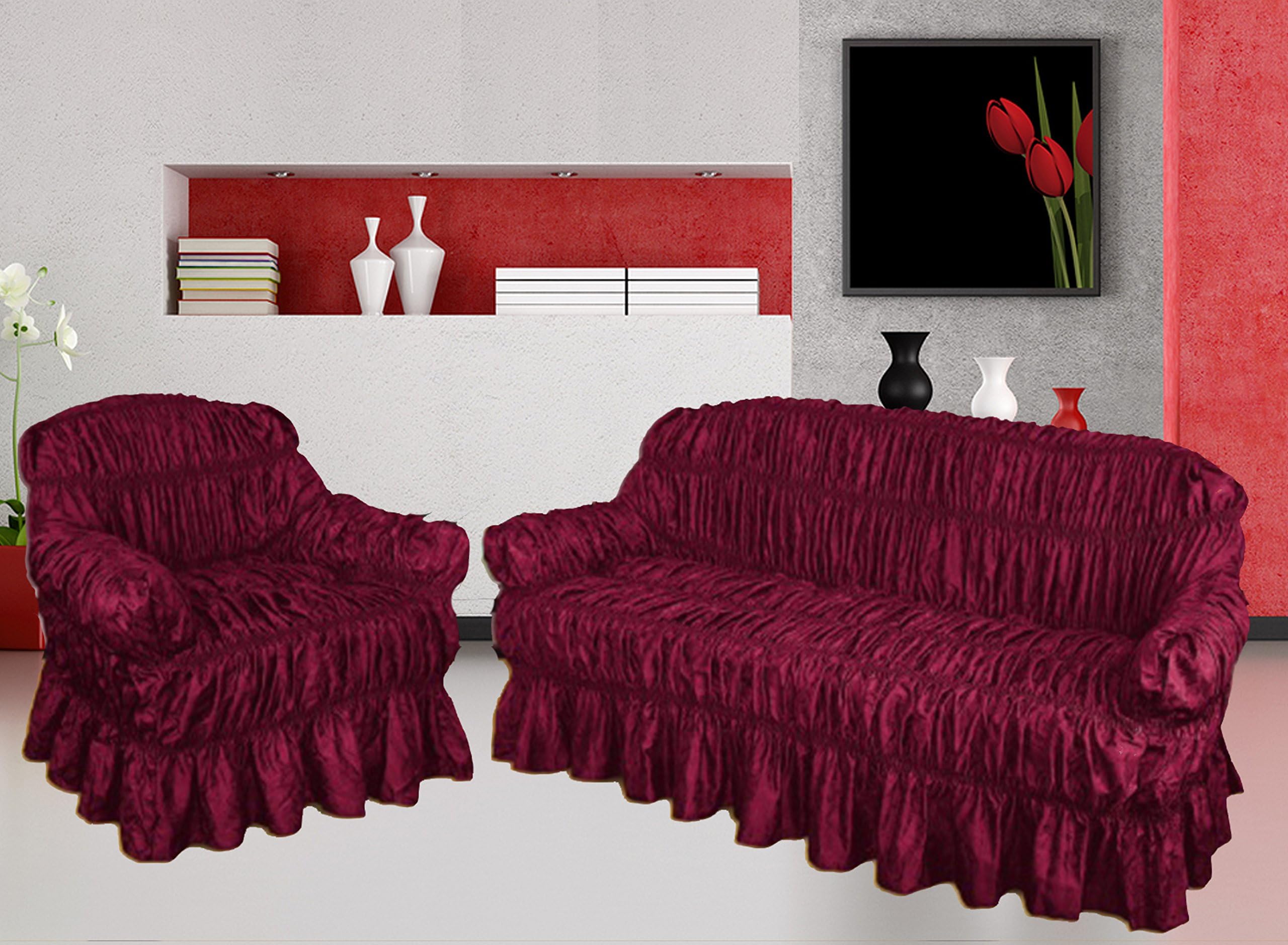 NAKUK HOME COLLECTION Sofa Cover 3 2 1 Seater Jacquard - Universal Elastic Fitting (2 Seater, BURGUNDY)