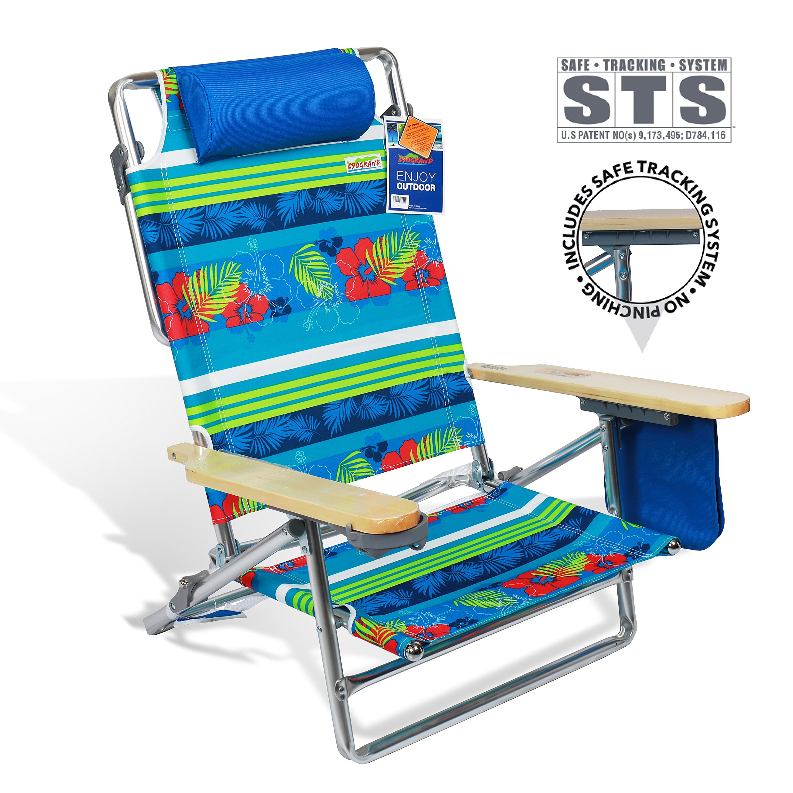 690GRAND Best Folding Beach Chair 5 Position Lay Flat Reclining with