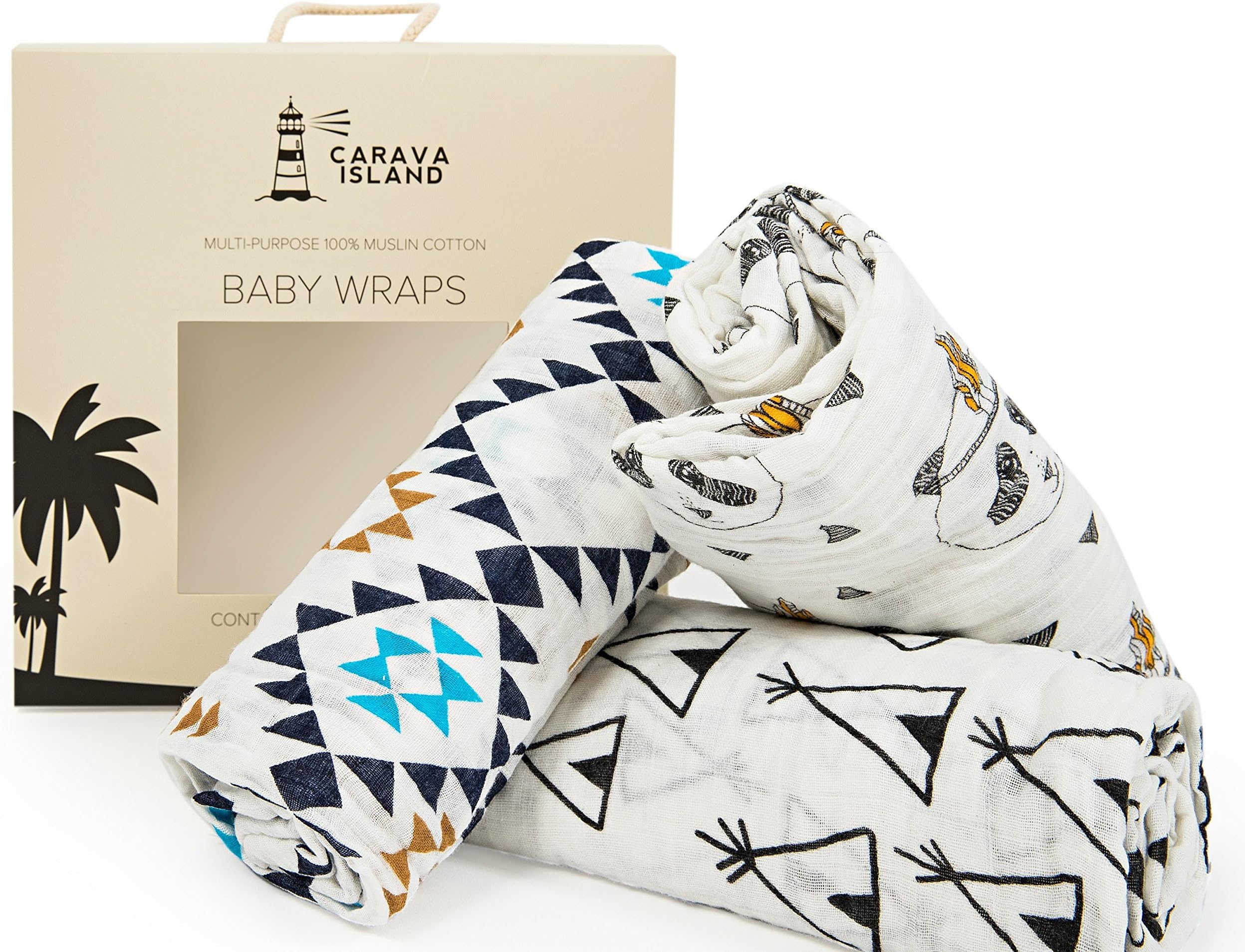 Premium Baby Swaddle Blankets By Carava Island | 100% Cotton Pre-Washed Muslin Receiving Blankets | Variety 3 Pack | Perfect Nursery Accessory And Baby Shower Gift