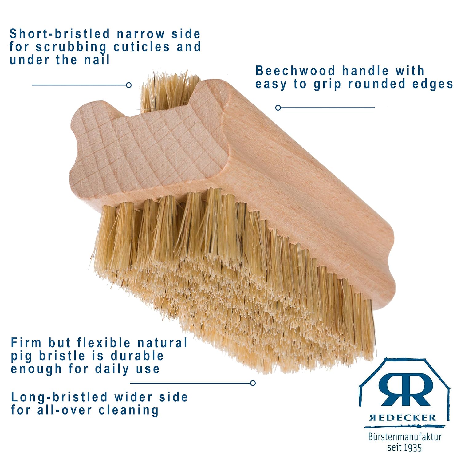 Redecker Natural Pig Bristle Nail Brush with Untreated Beechwood Handle, 3-3/4-Inches : Beauty