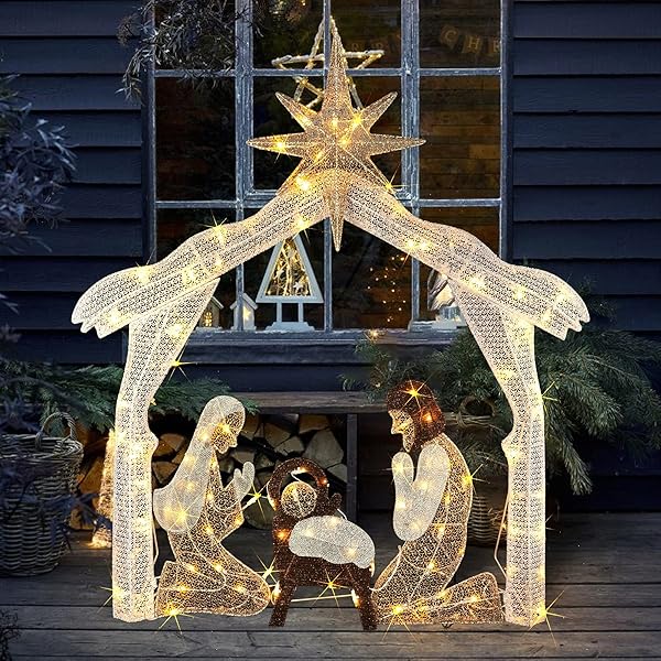 HOURLEEY 4FT LIGHTED CHRISTMAS NATIVITY SCENE, CHRISTMAS OUTDOOR DECORATIONS WITH 120 COUNT PRE-LIT WARM WHITE LIGHTS, HOLY FAMILY FOR XMAS OUTSIDE YARD GARDEN HOLIDAY DECOR