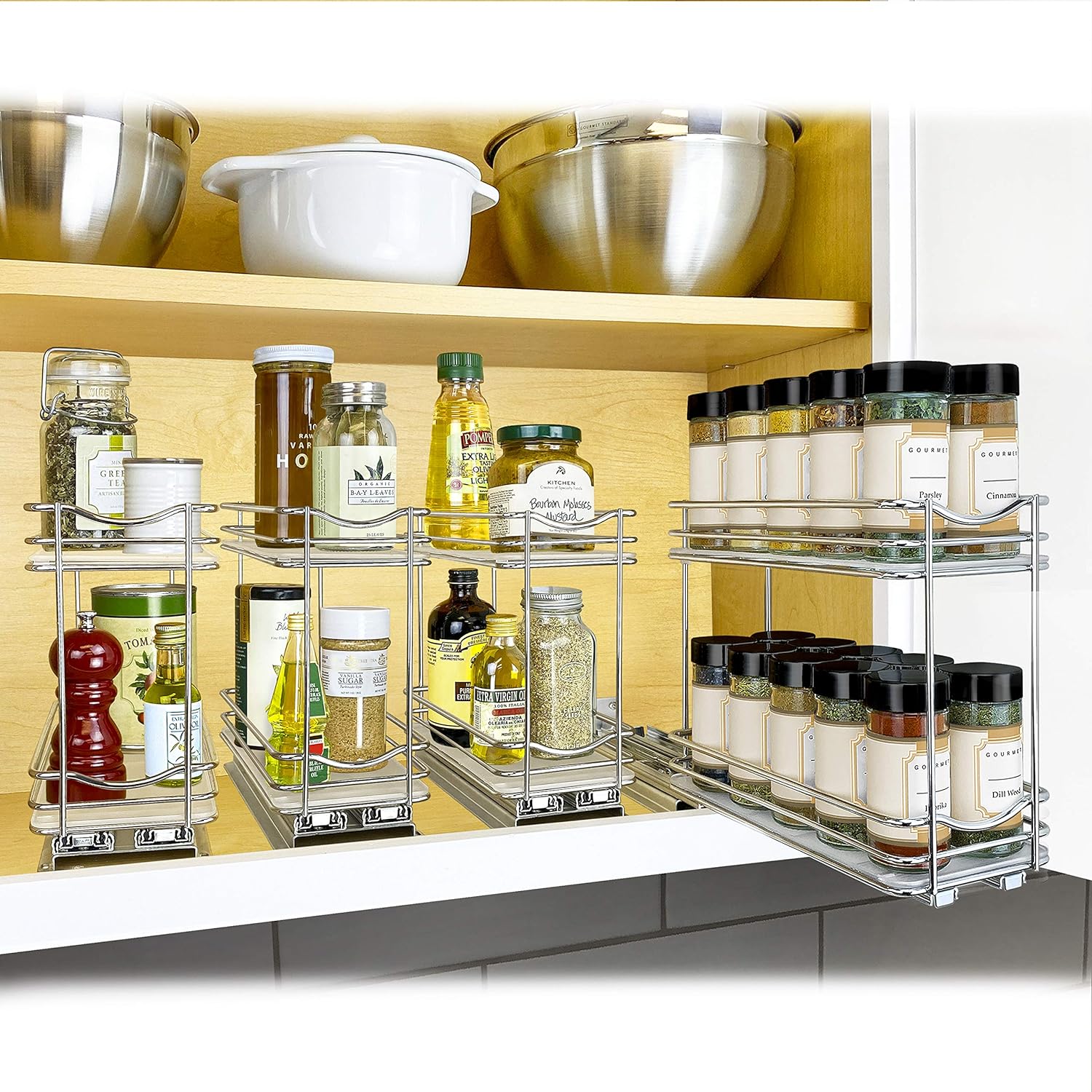 Lynk Professional Slide Out Double Spice Rack Upper Cabinet Organizer, 4-1/4", Chrome: Kitchen & Dining