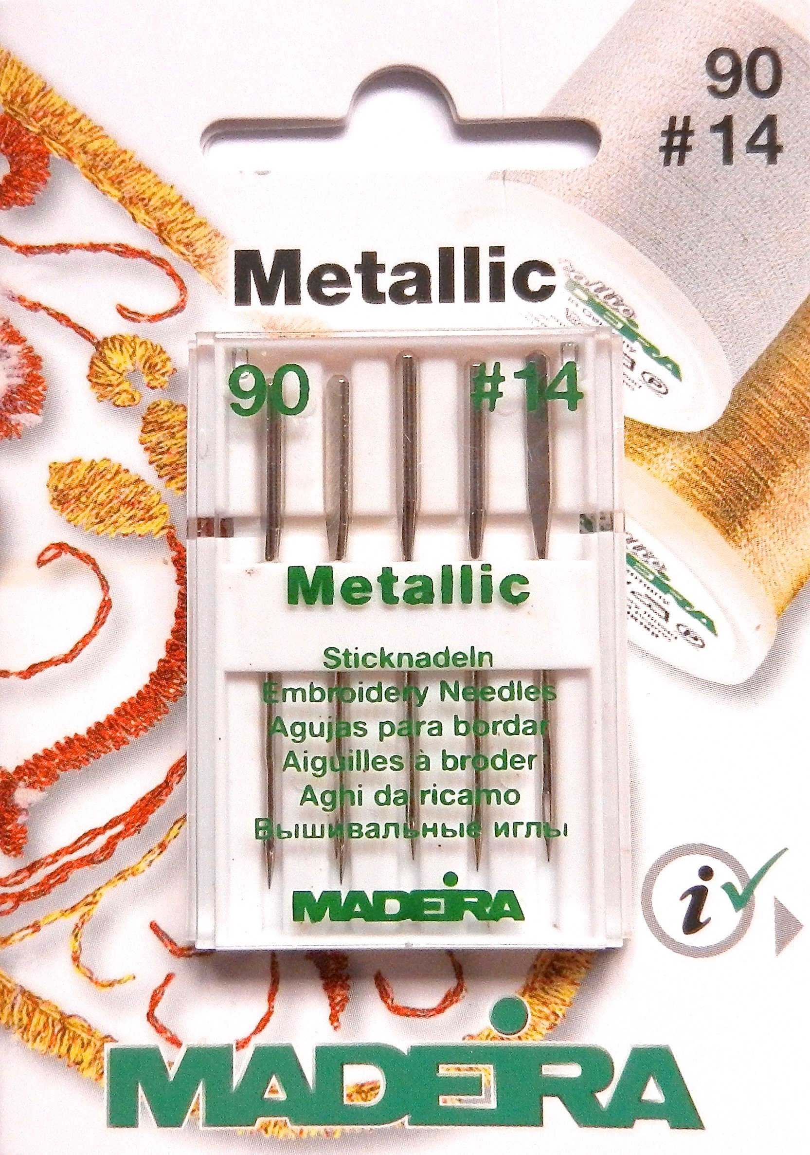 5 Madeira Embroidery Needles for Metallic Thread Flat Bottom Piston for Sewing Machine Thickness 90/14
