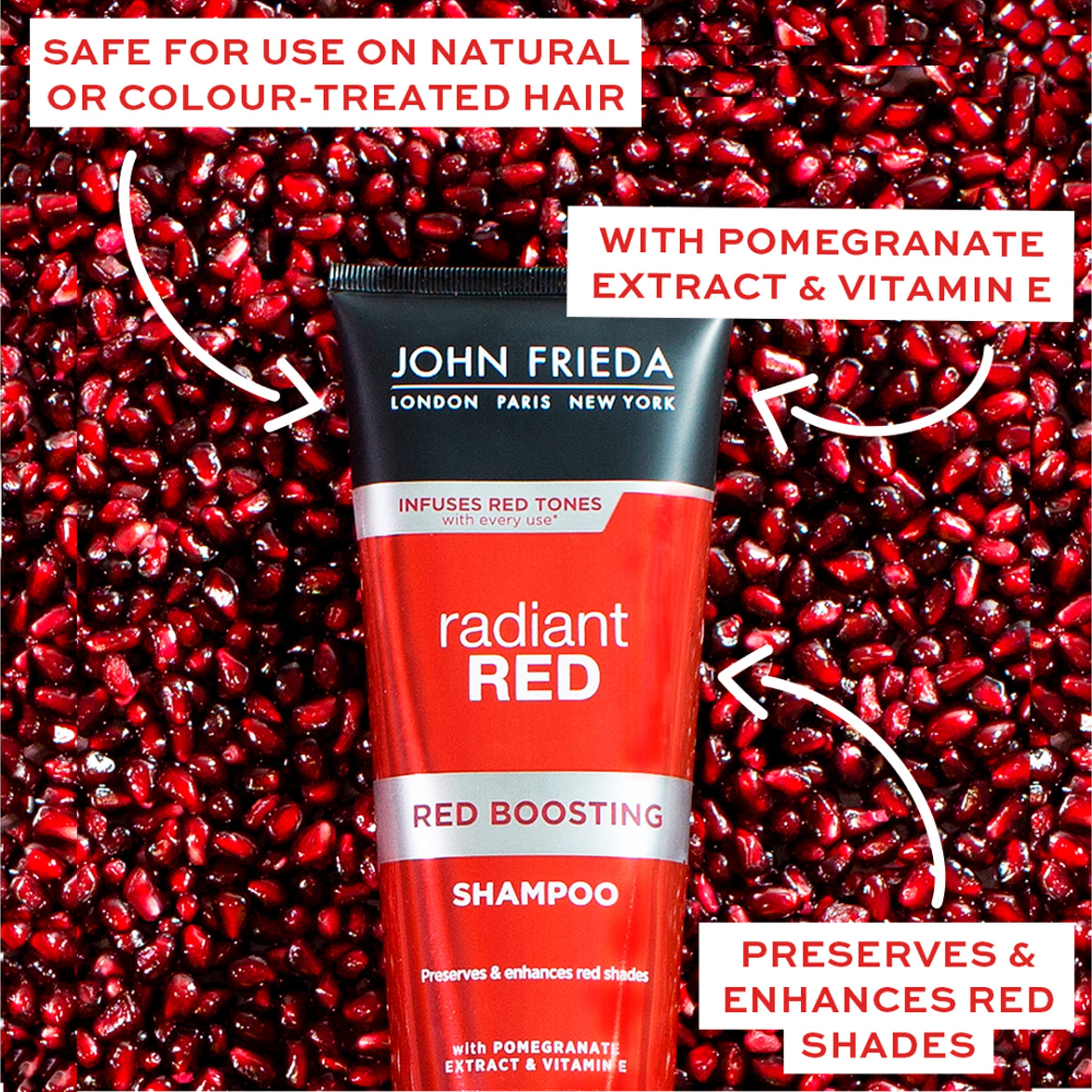 John Frieda Radiant Red, Color Boosting Shampoo, Enhances, Protects, & Hydrates with Pomegranate Extract and Vitamin E for Natural or Color-Treated Hair, 8.3 Oz