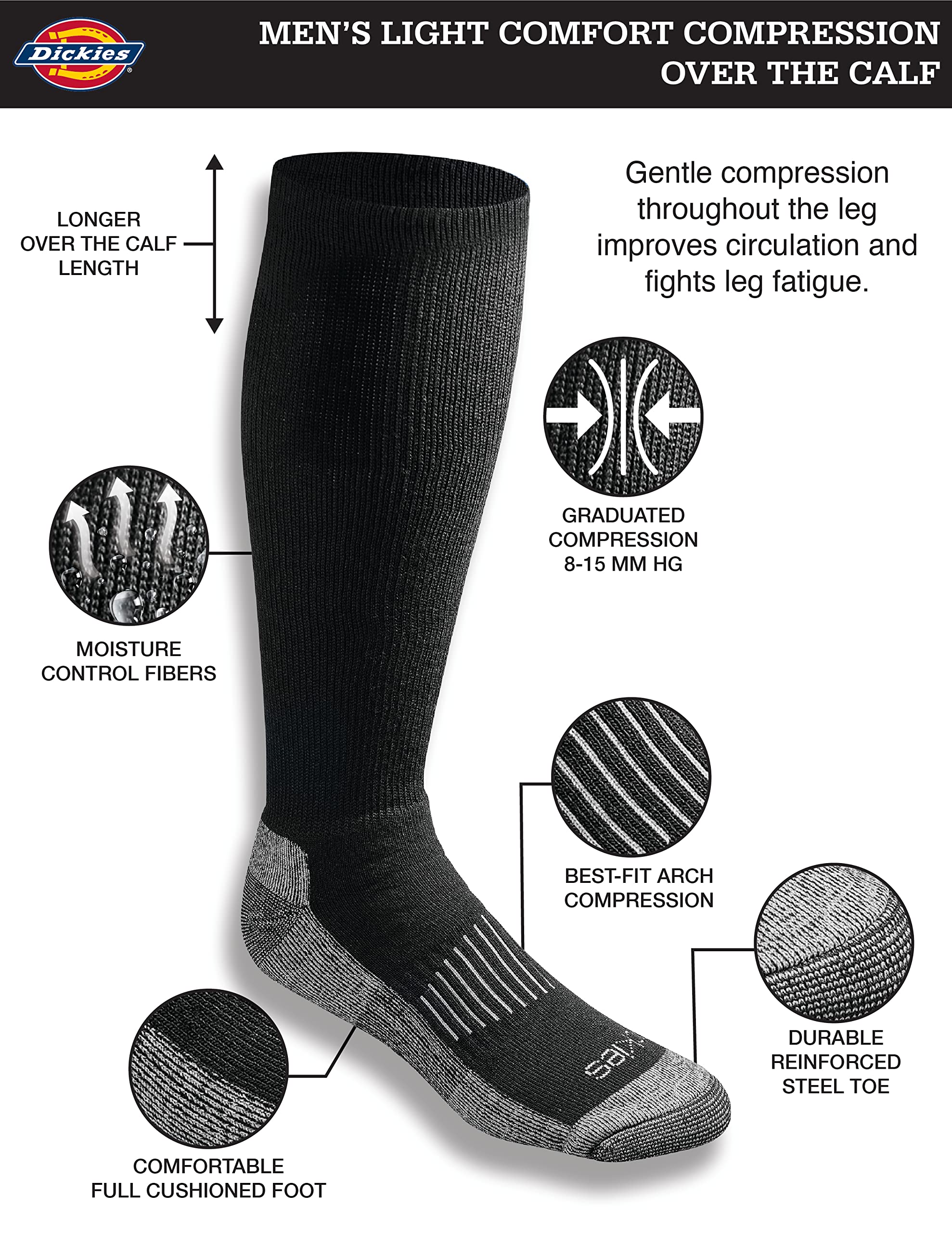 Dickies Men's Light Compression Comfort Over-The-Calf Socks, Available in M-XXL (2, 4 Pairs)