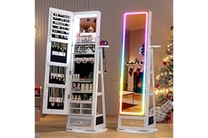 HWB Jewelry Storage Cabinet with LED Full-Length Mirror, 360° Swivel Standing Jewelry Organizers with Shelves & Drawer Storage, Jewelry Armoire with Remote Control Lights, White