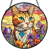 XFCICRLJ Cat Flower Suncatcher Stained Glass Window Hanging, Orange Cat Sun Catchers Indoor Window Glass Wall Art Decor, Kitten Floral Wall Hanging Decor Decorations, 7.9x7.9 Inch 033-MH-BLGH