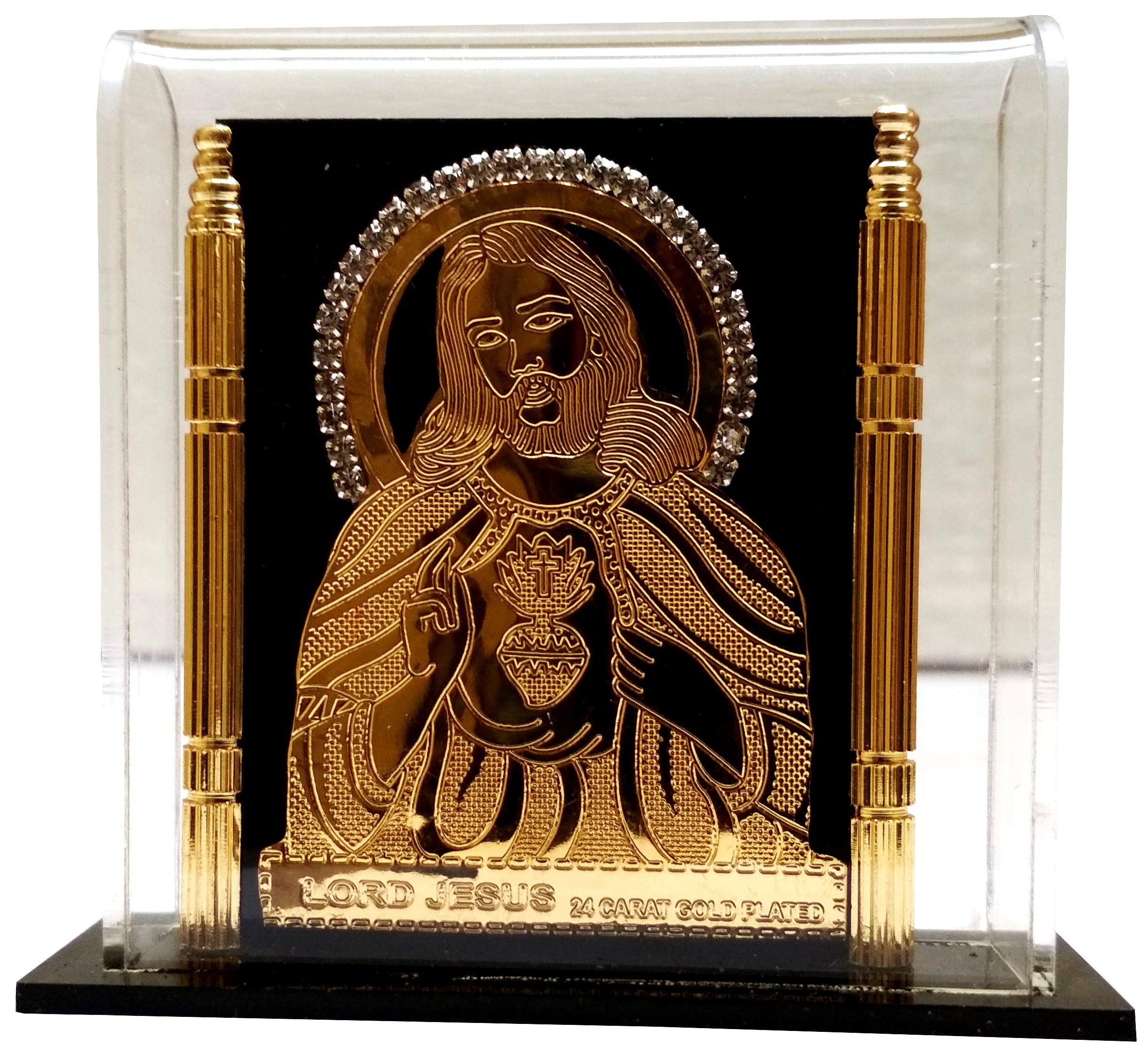Purpledip Gold Leaf Jesus Christ Relief in Transparent Case: For Home, Altar or Car (11769)