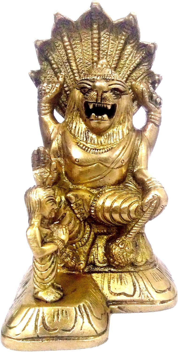Purpledip Brass Idol Narasimha (Lord Vishnu's Avatar) & Prahalad: Rare Collectible Statue (11985), Golden, Standard