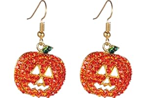 iWenSheng Halloween Pumpkin Earrings Red - Hypoallergenic Crystal Dangle Earring for Women Holiday Night Costume Jewelry Smiling Face Pumpkin Drop Earrings, Fun and Festive