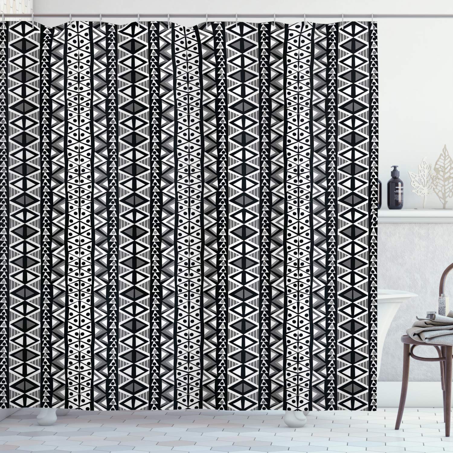 ABAKUHAUS Retro Shower Curtain, Boho Pattern in Dark and White Western Native Effects Folk Design, Cloth Fabric Bathroom Decor Set with Hooks, 86 Inches Extra Long, Grey Black