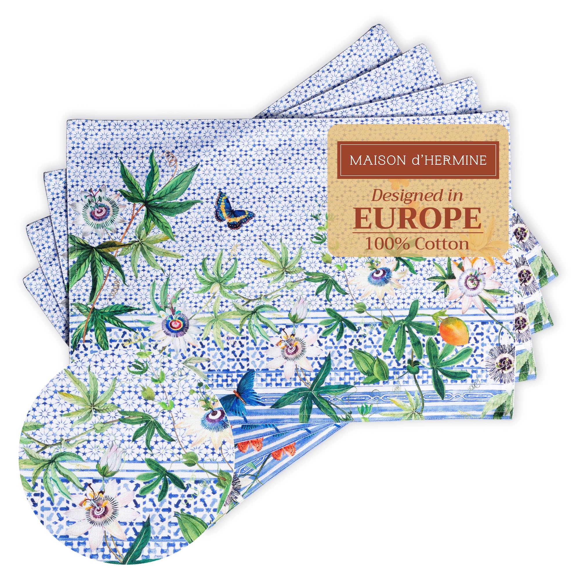 Maison d' Hermine Placemats Set of 4 100% Cotton Washable Reusable Table Mats for Home Kitchen Dining Party Wedding Restaurant Gifts for Mothers Day (Passiflora, 33 CM x 48 CM)