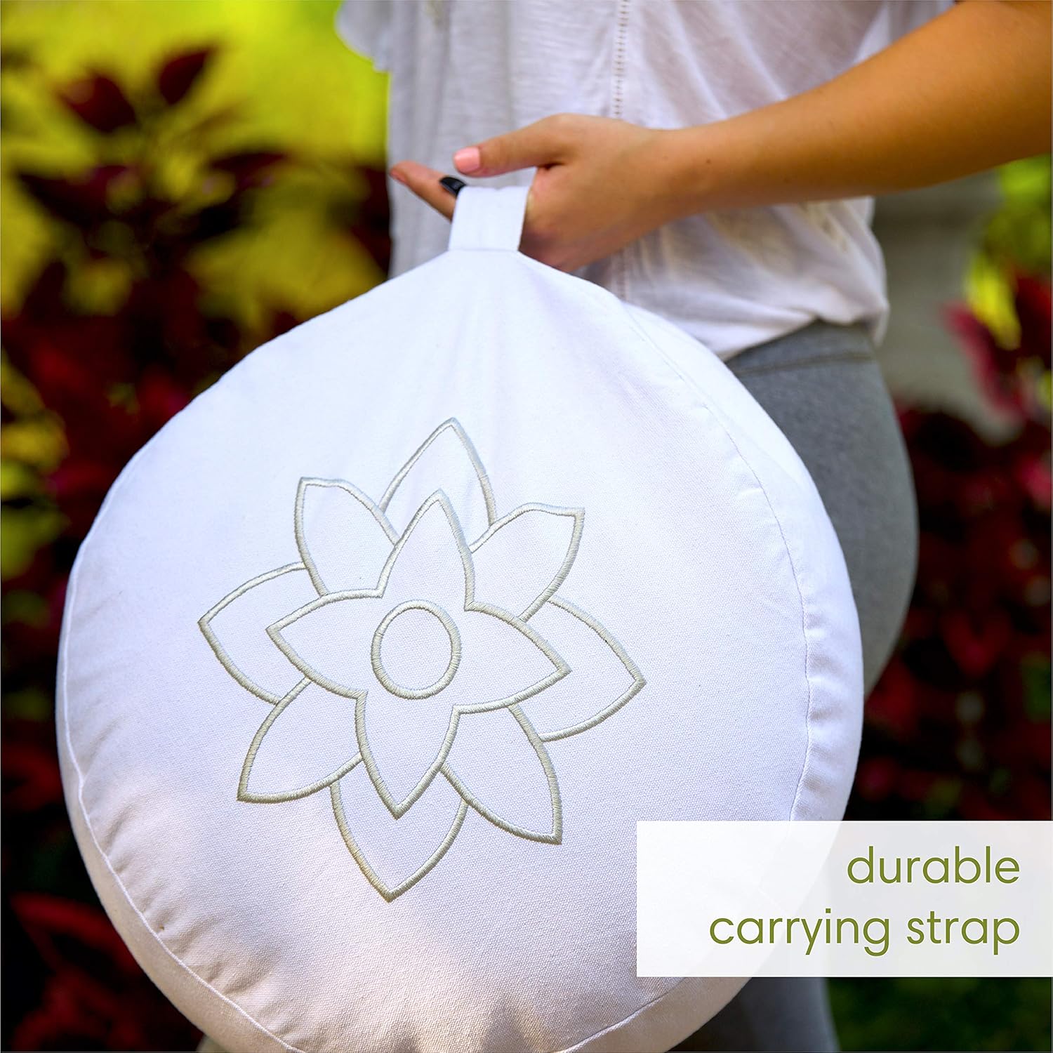 Mindful and Modern Large White Zafu Meditation Cushion - Yoga Floor Pillow for Best Posture - Buckwheat Hull Filled Round Cushion with Removable Cover and Carry Handle : Sports & Outdoors