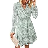 KIRUNDO Women Casual Summer Fall Dresses Long Sleeve Floral Wrap V Neck High Waist Ruffle Tiered A Line Flowy Mini Dress