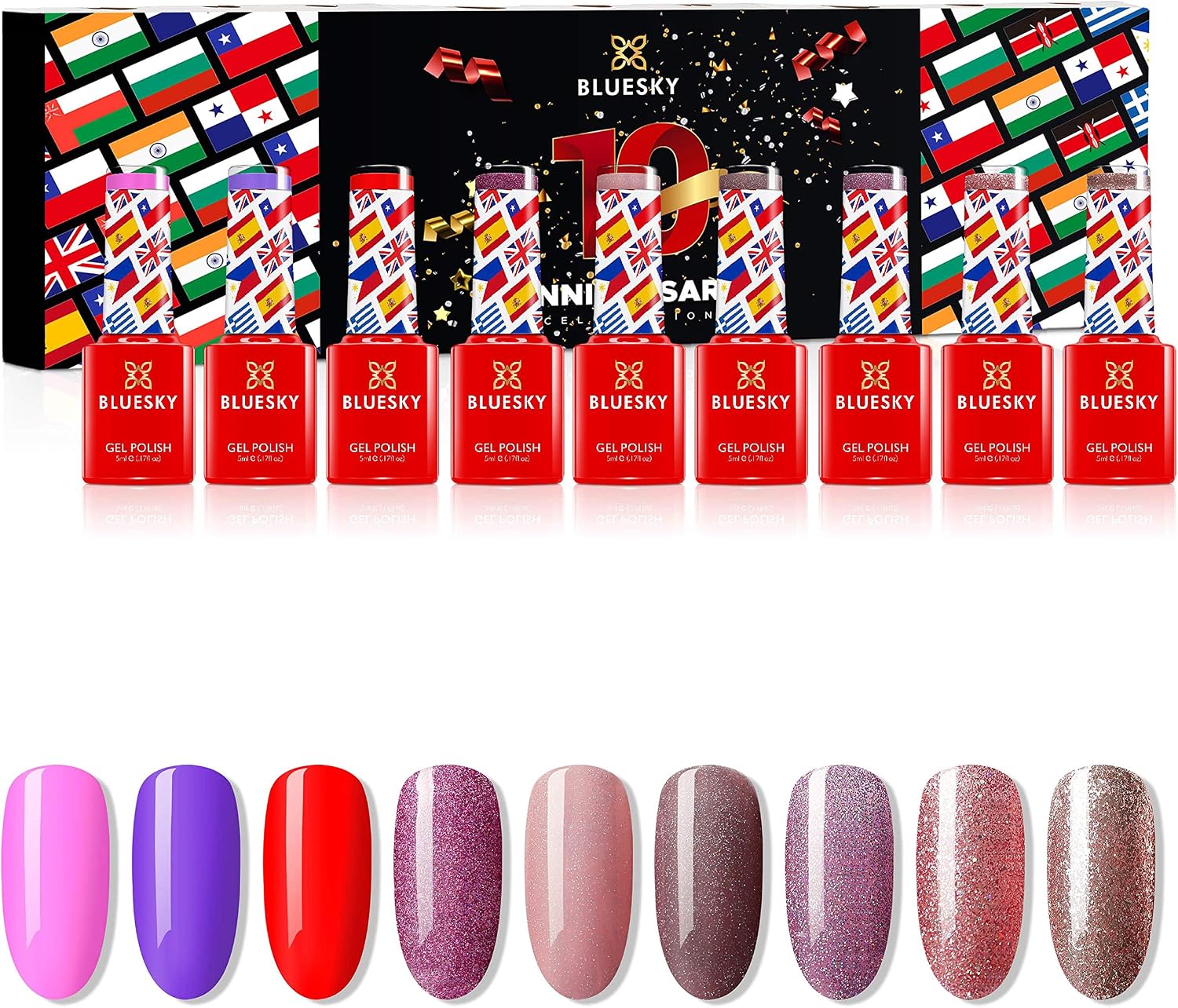 Bluesky Gel Nail Polish Set, 10 Year Anniversary - Full Collection. 9 x 5ml. Pink, Purple, Red, Mauve, Nude, Pastel, Fine Glitter (Requires curing under UV/LED Lamp)