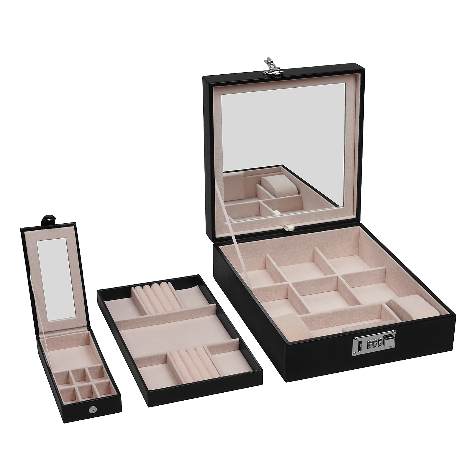 Combination Lock Women Travel Jewelry Box Organizer With Large Mirror 2