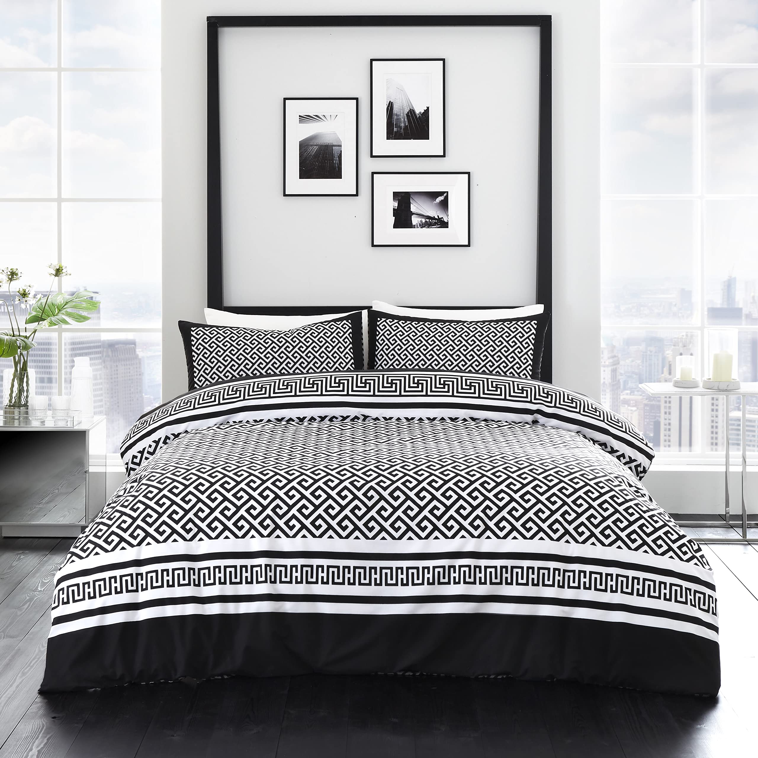 GC GAVENO CAVAILIA Reversible Duvet Cover Sets, Geometrical Bedding Sets King Size, Breathable Stripe Quilt Covers, Black/White