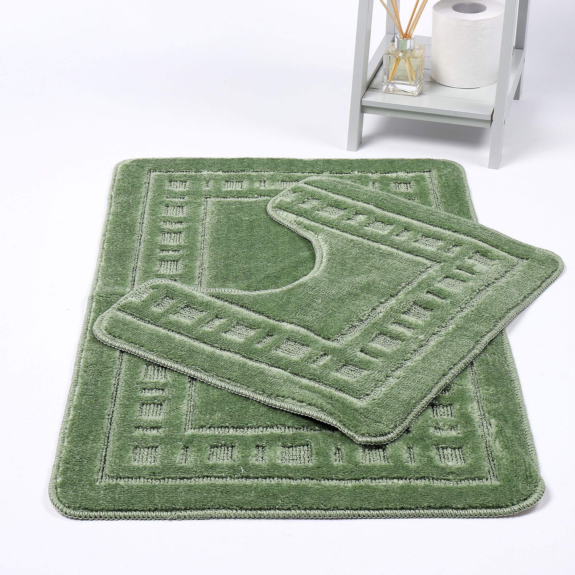 NIGHTZONE Diem 2 Piece Bath Mat & Pedestal Set Non Slip Extra Absorbent Bathroom Toilet Rug Bath Mats Set (Sage Green)