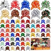 Riceshoot 140 Pcs Christmas Wrap Pull Bows 5 Inch Gift Bows with Ribbon, Wrapping Accessory for Christmas, Florist, Bouquet, Baskets, Gift, Wreath Decor