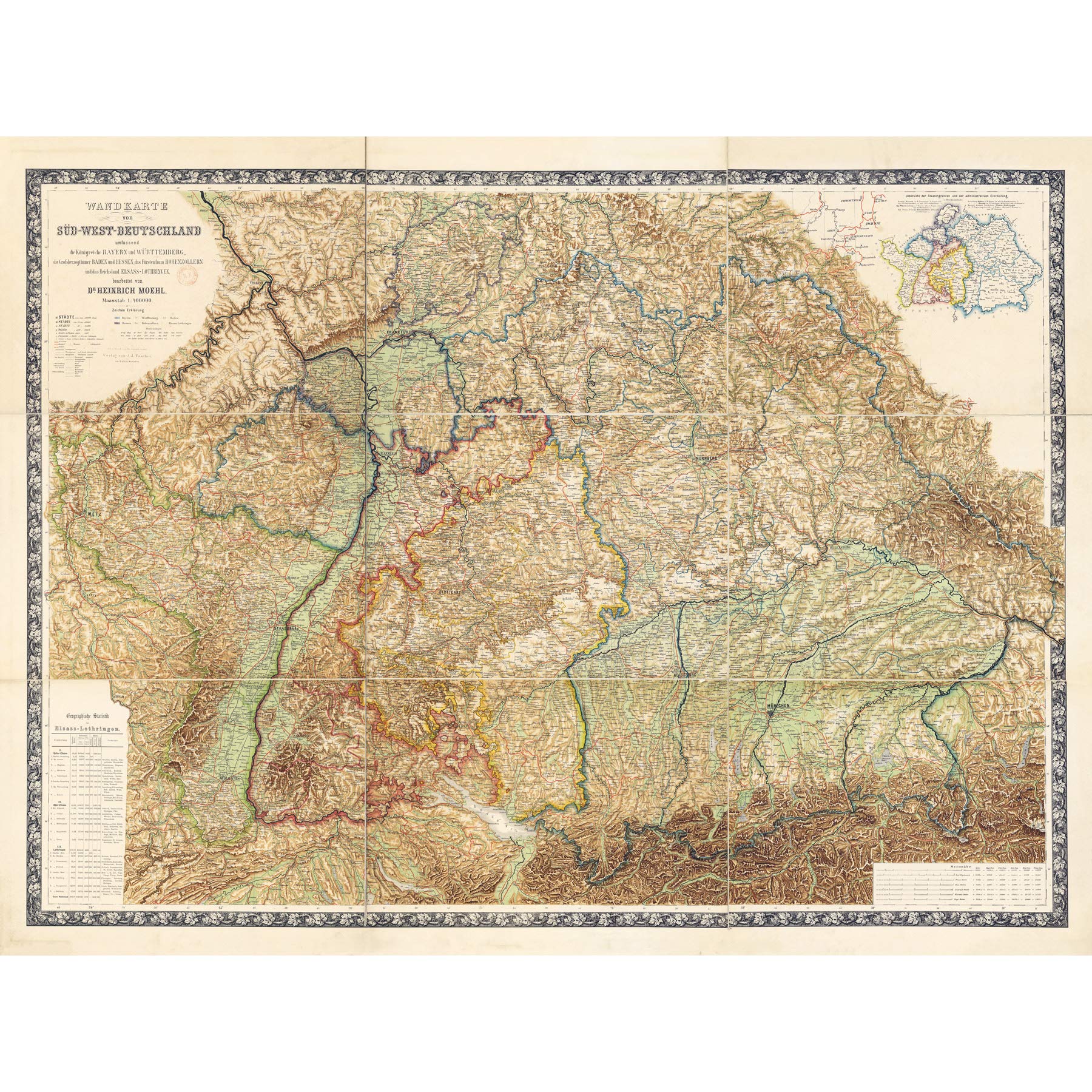 Artery8 Map South West Germany Nuremberg Munich Frankfurt Premium Wall Art Canvas Print 18X24 Inch