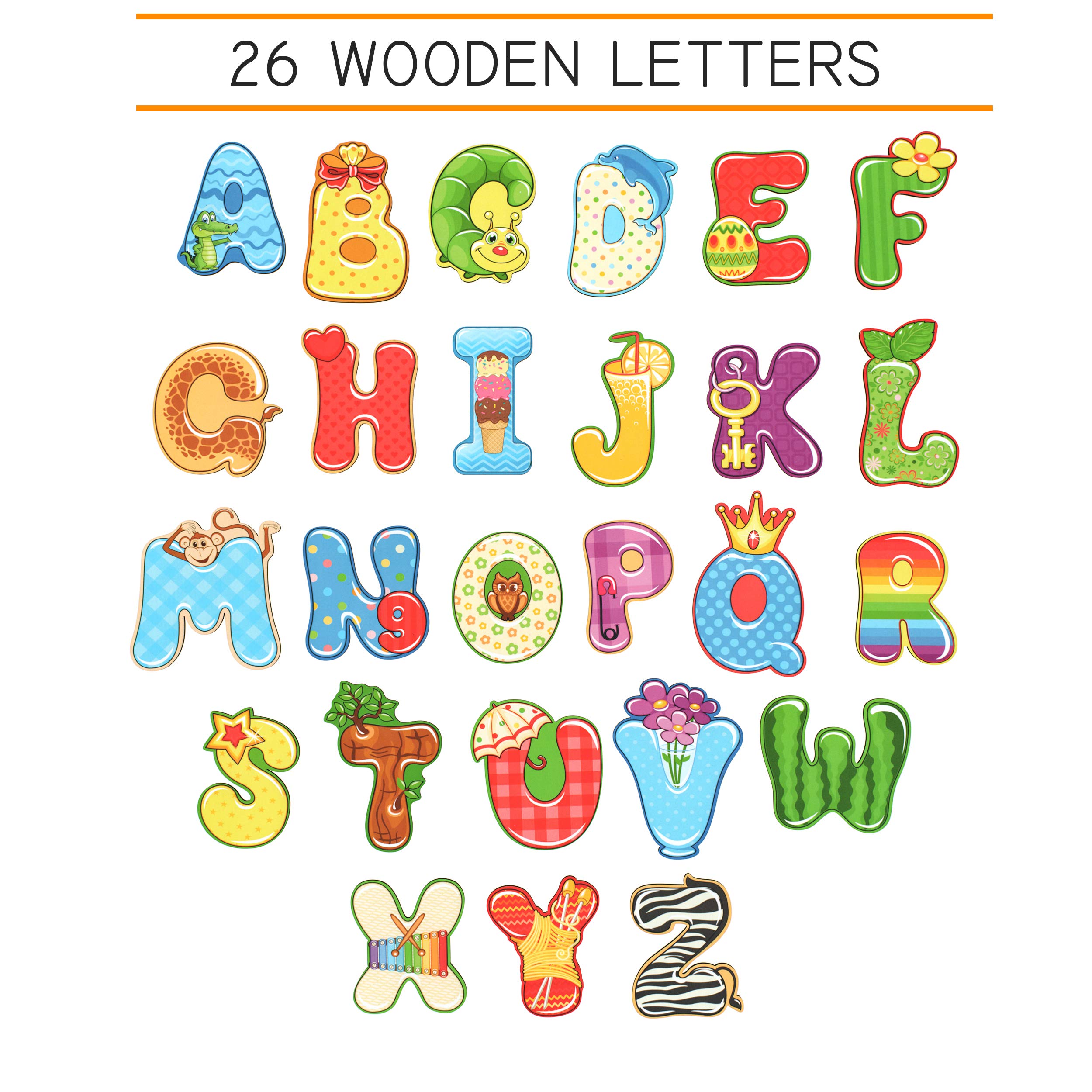 BeeZee Kid Happy ABC Letters - Wood Alphabet with Attachable Magnetic Backs - Fridge ABC Magnets for Kids - 26 Large Wood Letters - Reading Learning Toy for Toddlers and Preschoolers