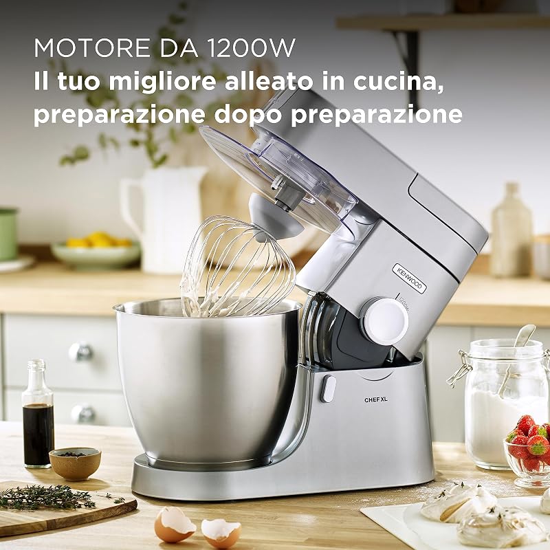 KVL4100S Impastatrice Planetaria Chef XL con Ciotola da 6,7L, 3 Ganci di Miscelazione, Personalizzabile con oltre 25 Accessori Opzionali Acquistabili Separatamente, Potenza 1200W, Silver