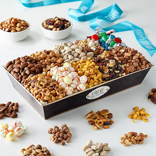 BROADWAY BASKETEERS BIRTHDAY NUTS GIFT BASKET – ASSORTED 10 GOURMET NUTS, TRAIL MIXES, SWEETS SNACK FOOD BOX, HEALTHY BIRTHDAY GIFTS FOR MEN & WOMEN, CORPORATE