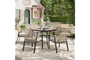 MIXPATIO 7 Pieces Round Outdoor Dining Set for 6, Patio Dining Set Wicker Rattan Chairs with Soft Cushion and 54" Round Table with Umbrella Hole, Round Patio Table and Chairs for Backyard Porch