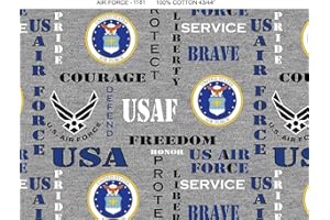 SYKEL ENTERPRISES US Military Cotton Fabric with Heather Grey Ground and Logos-Sold by The Yard (AIR Force)