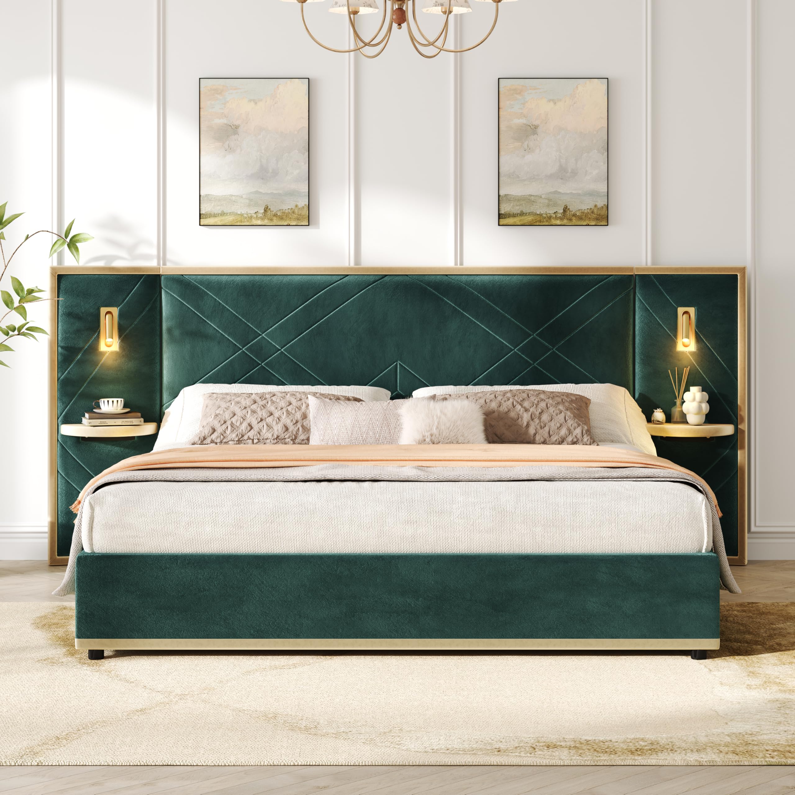 Photo 1 of ***PARTS ONLY BOX 2 OF 2 ONLY***Merax King Bed Frame with 2 Built-in Led Lights and 2 Floating Storage Shelves, Luxury Velvet Upholstered Platform Bed Frame King Size with Wingback Headboard for Bedroom, No Box Spring Needed, Green